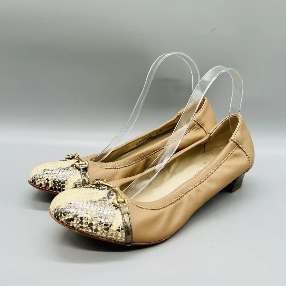 AGL Shoes Womens 10.5 Beige Leather Snake Cap Toe Gold Bit Flats Slip On Casual